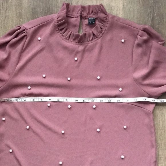 Pearl Beaded Frilled Neckline Lantern Sleeve Top shein medium - Picture 5 of 8